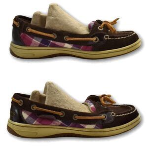 Sperry Top Sider Boat Shoes Women's 5.5 Brown Suede Leather Pink Purple Plaid